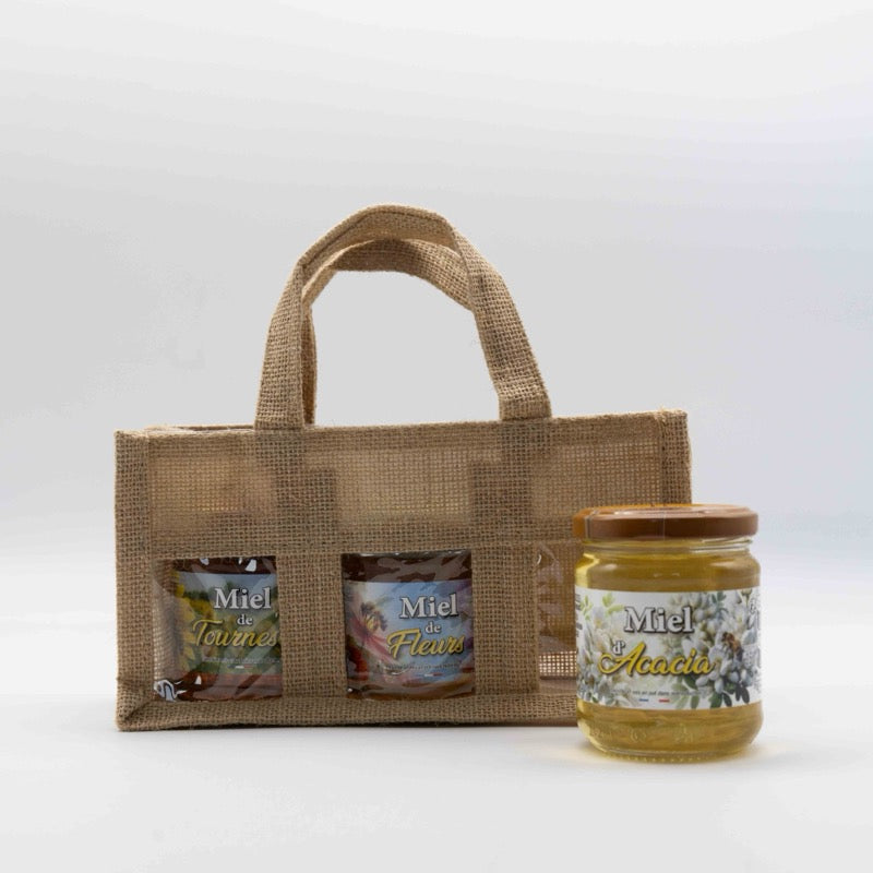 🐝 Sac en toile de jute pour 3 pots de miel (250 g)